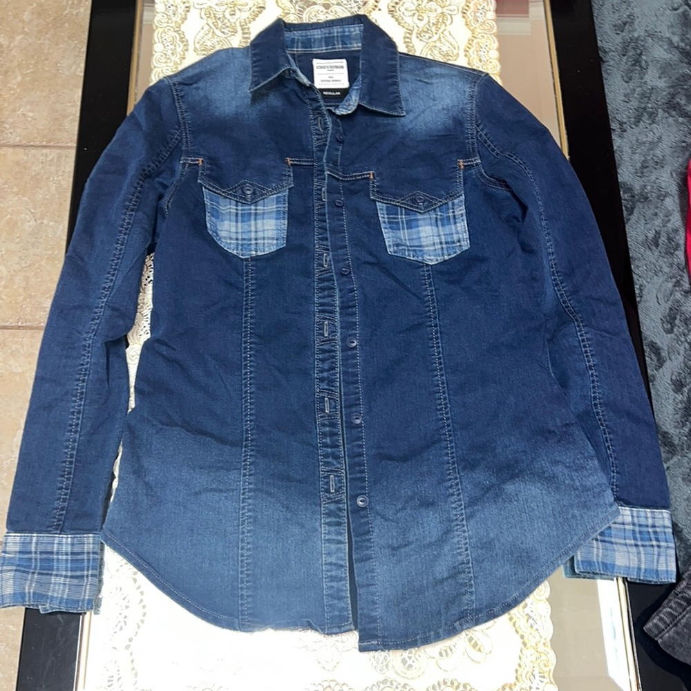 Chevignon blue denim button down shirt with plaid details